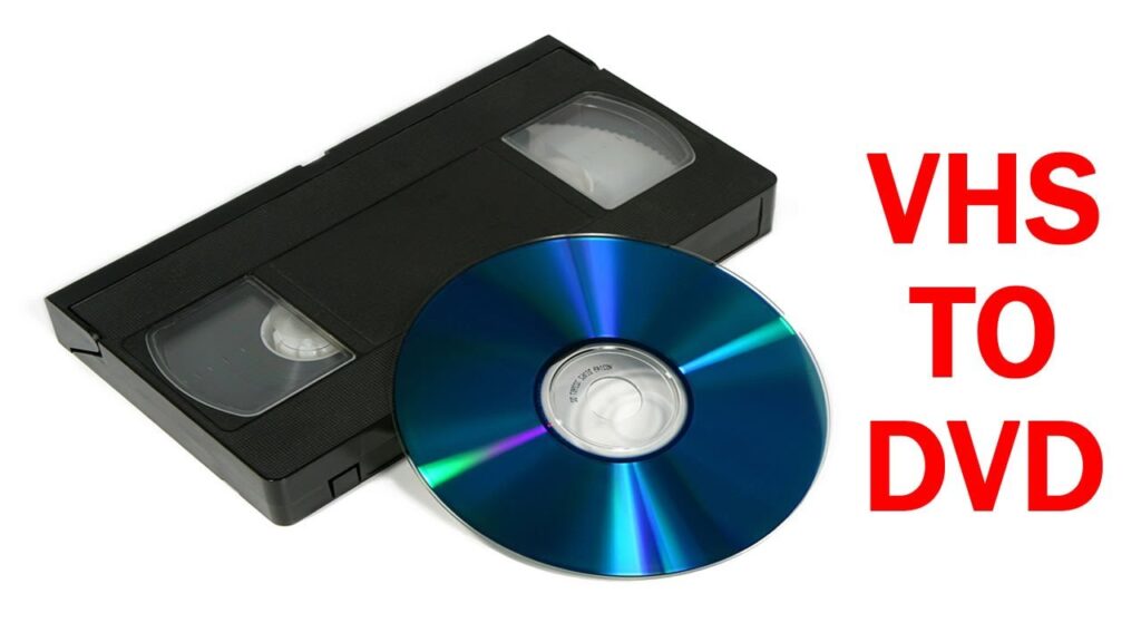 graphic showing a vhs tape next to a dvd disk