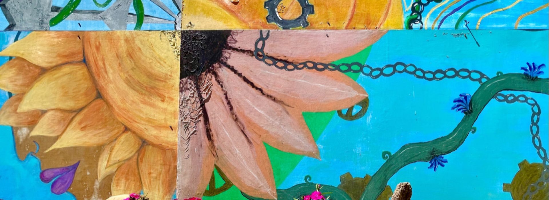 close up of a collage-style mural